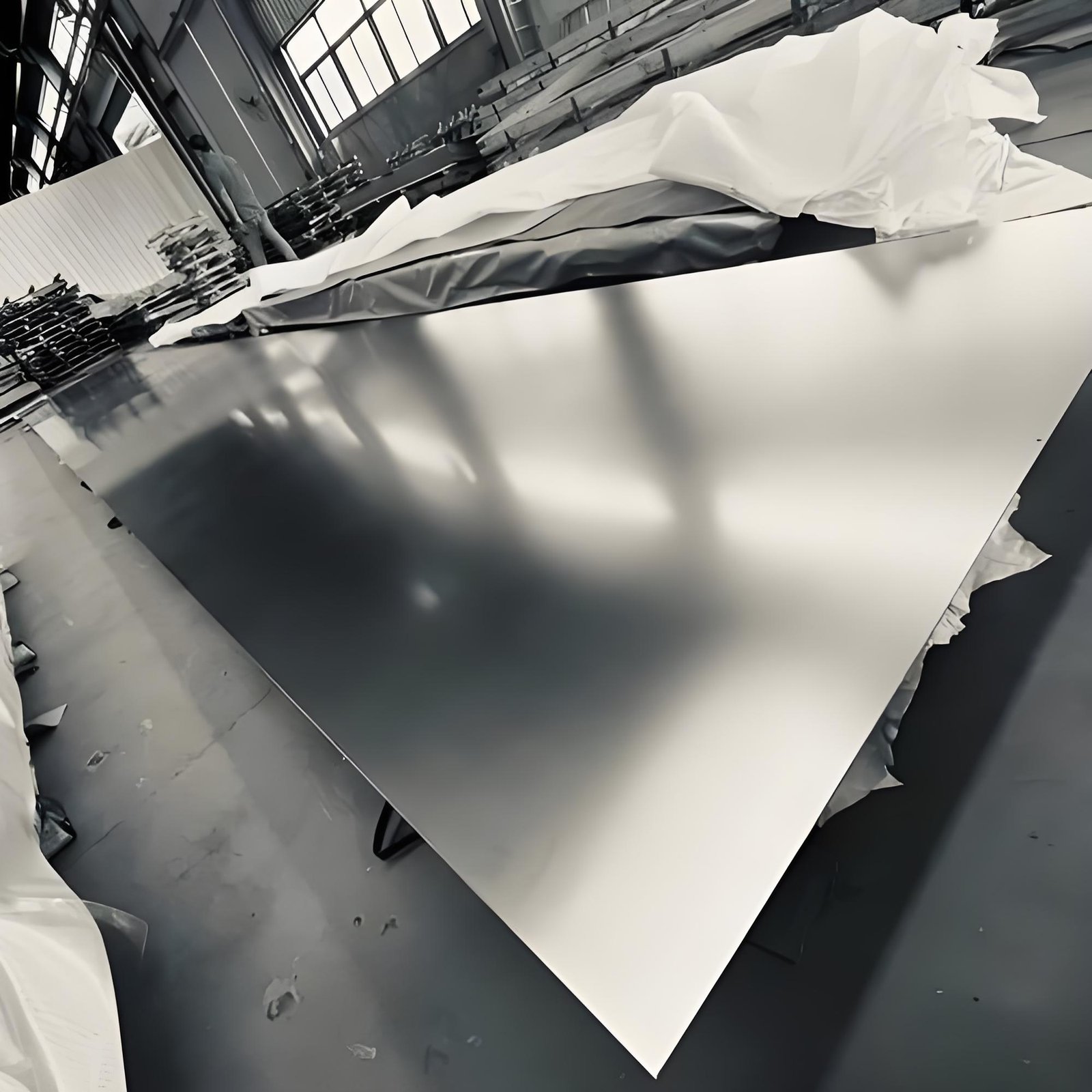 Mirror-finished stainless steel sheet samples inspected at the supplier site